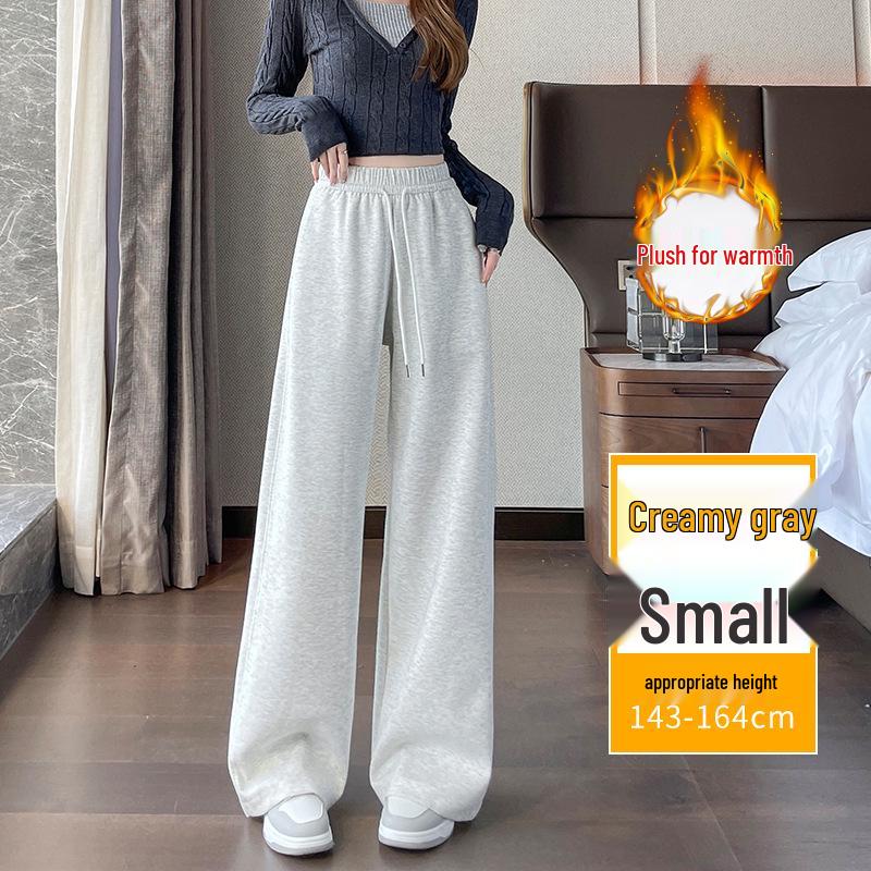 Women's Black Cotton Wide-Leg Pants - Thickened, Slimming, High-Waisted, Casual Winter Trousers with Plus Velvet. Free Shipping.