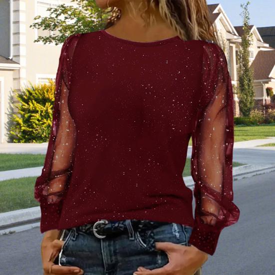 Women T-shirt O-neck Mesh Hollow Puff Long Sleeves Soft Stretchy Tops Shiny