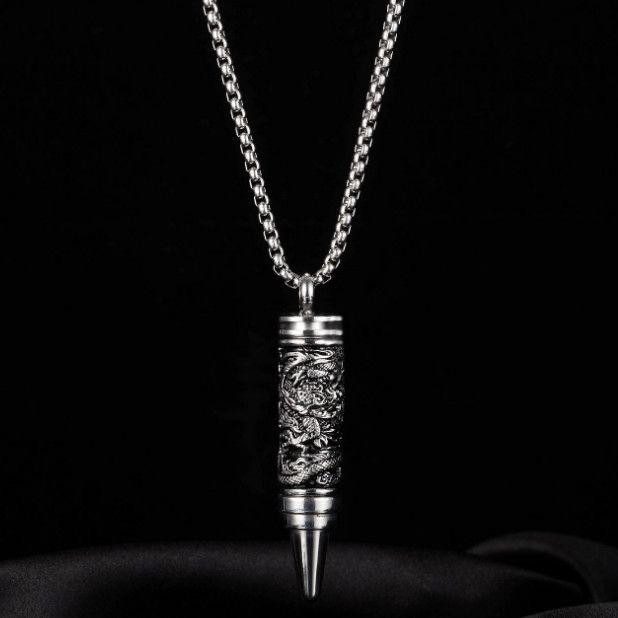 Vintage Titanium Steel Dragon-Patterned Bullet Necklace Pendant, Men'S Necklace