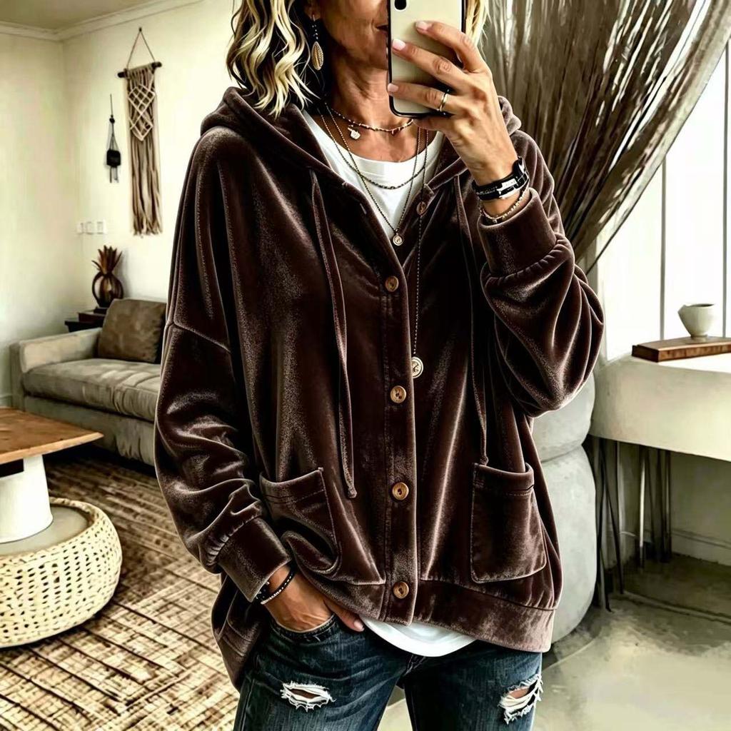 Women Solid Color Button Hooded Velvet Long Sleeve Casual Cardigan Coat
