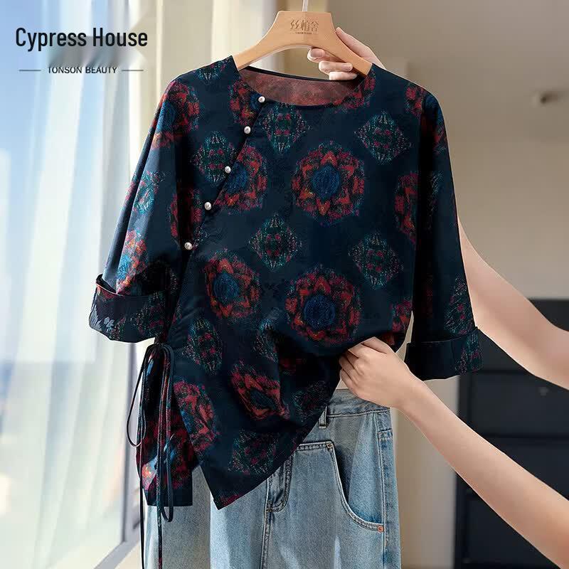 Women s New Chinese Style Floral Print Pullover Shirt M