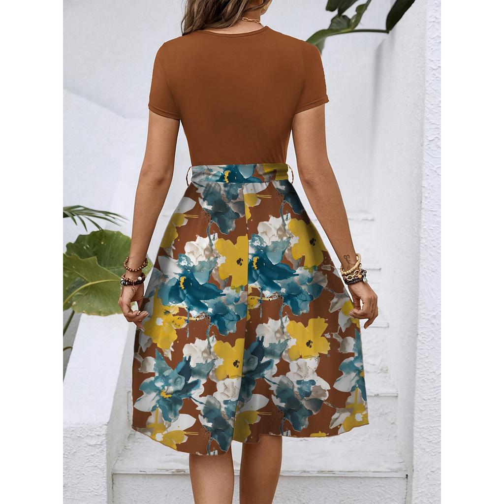 Women's Fashionable Retro Patterned Printing Color Blocked Belt Casual Dress