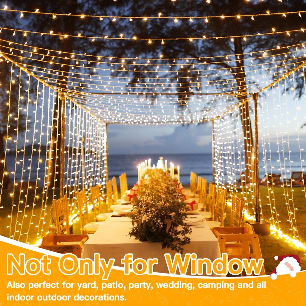 Ollny Christmas Curtain Lights 300 LED 9.8 FTx9.8 FT, Outdoor Waterproof Curtain String Lights with Remote Timer 8 Modes, USB Waterfall Window Lights