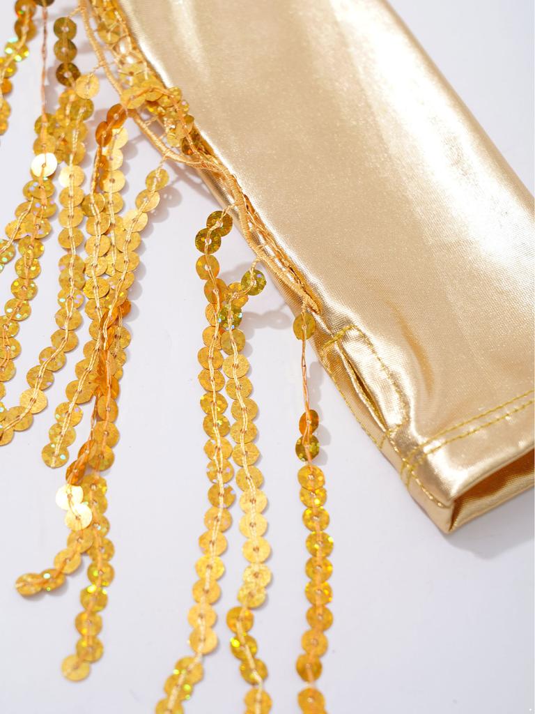 Mädchen Ärmelloses Glitzerndes Pailletten Tanz Crop Top Schlüsselloch Rücken Design Passende Shorts Quasten Metallic Handschuhe Set