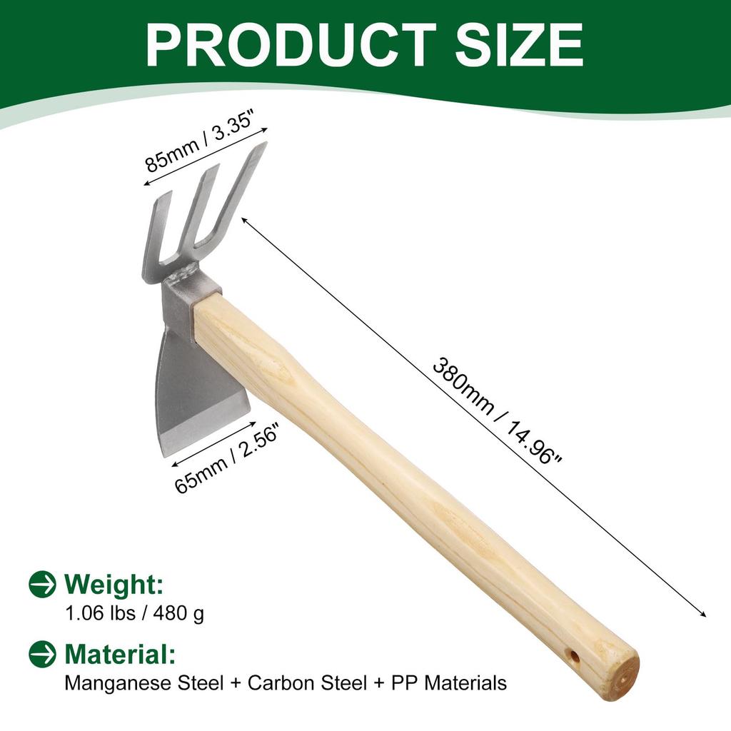 uxcell Garden Hoe and Steel Hoe with Wooden Lightweight Hand Tiller for and Weeding Cultivator, 15" Rust-Resistant, Non-Slip Handle, Backyard, Farm,