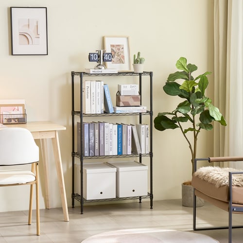 IZEUK Steel Rack, 4-Tier, Adjustable Mesh Storage Shelving, Rust-Resistant, Slim Pipe Shelving, 19.1mm Pole Diameter, Parts Compatible, 390kg Weight C