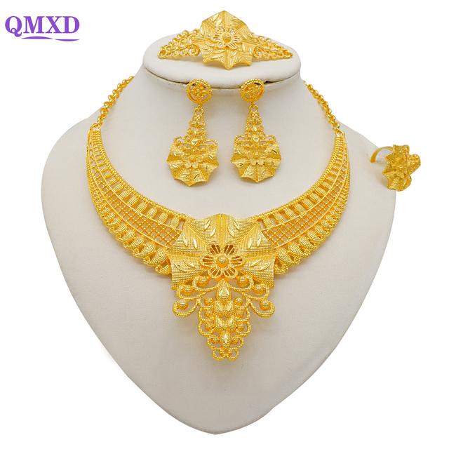 Seturi de bijuterii de culoare aurie Dubai pentru femei Cercei și colier indieni Nigeria Cadouri de nuntă de mireasă marocane