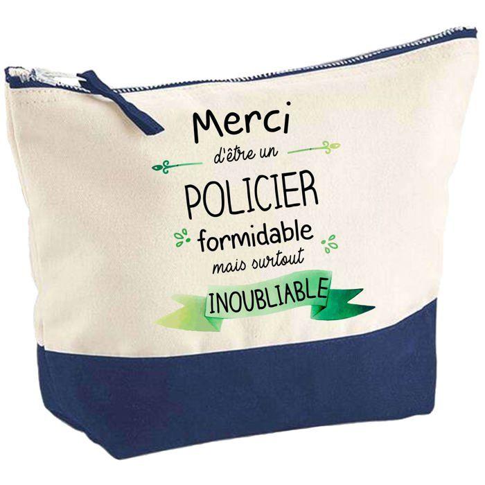 Pochette fond bleu Merci d'être un Policier Inoubliable - Cadeau Original - Anniversaire Trousse Grand Format