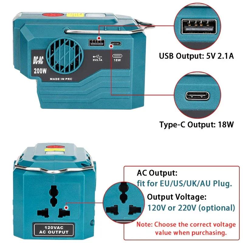 Power Inverter for Makita 18V Battery,DC 18V To AC 120V/220V Portable Power Station with USB,Type-C 280lm LED Light for Camping