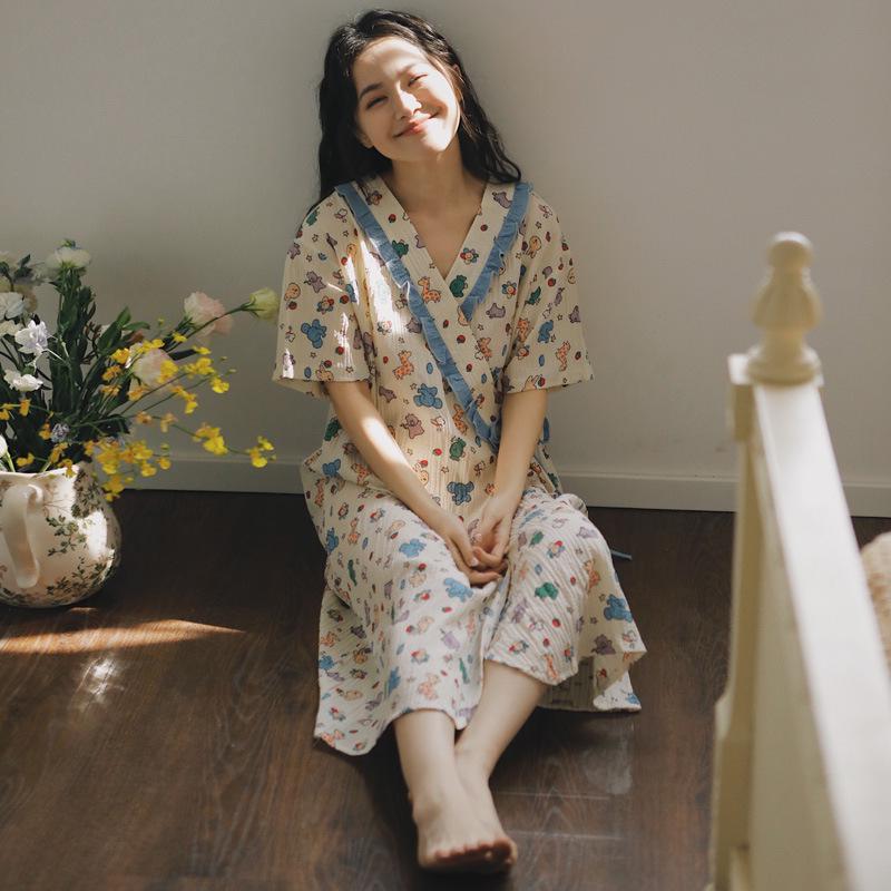 2025 Summer Kimono Maternity Nightdress - Crinkle Cotton, Postpartum Mid-Length, Short Sleeve Nursing Dress