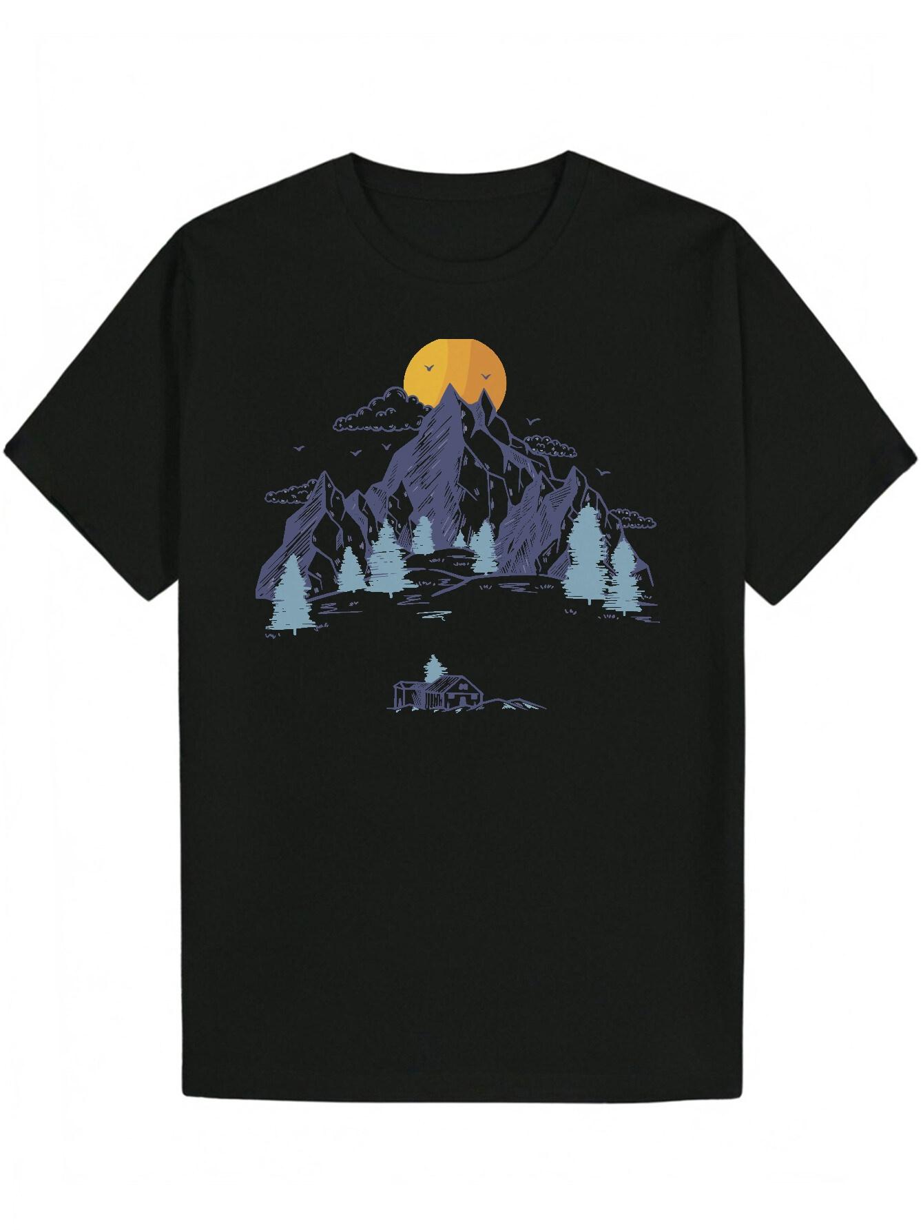 Graphic T-shirt - Black Mountain Landscape Print with Pine Trees & Cabin M