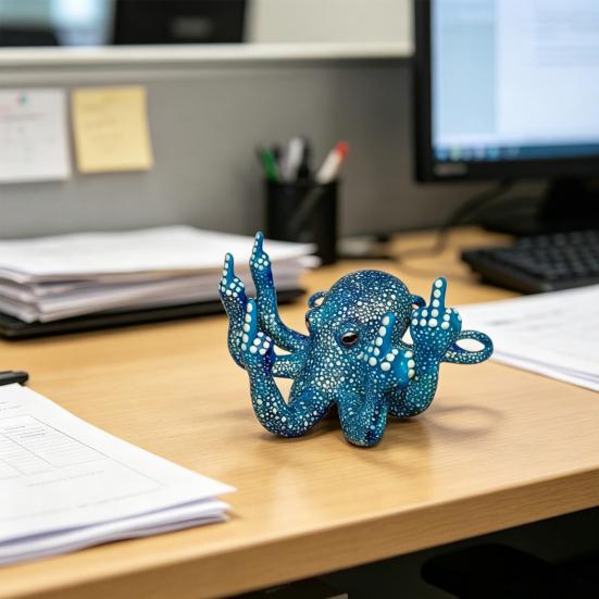Luminous Gesture Octopus Statue, Resin Octopus Figurine, Middle Finger Octopus Statue, Sea Animal Octopus Decoration for Home Office Desktop