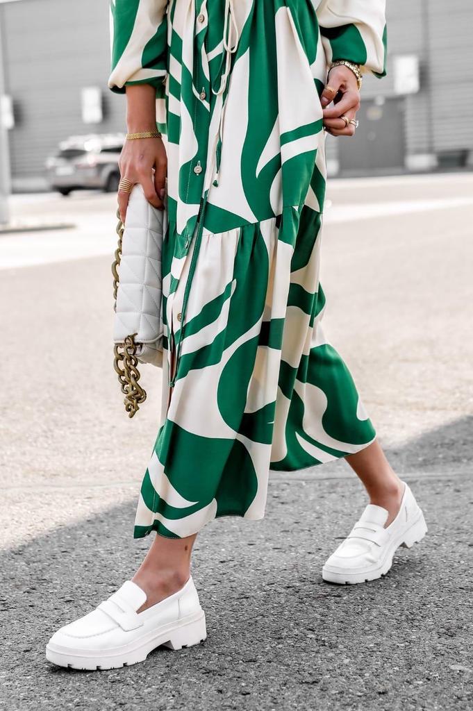 2023 European & American Style Printed Shirt Dress with Pockets - Casual Autumn Long Skirt with Tie