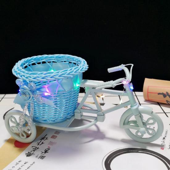 Rattan Trolley Flower Basket Decorative Tricycle with Colorful Flowers Woven Container Home Office Decor