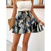 Women's Summer Printed Wide-Leg Lace-Up Shorts, Fashionable and Elegant Vacation Beach Skirt Women's Beach Vacation Printed Mini Skirt