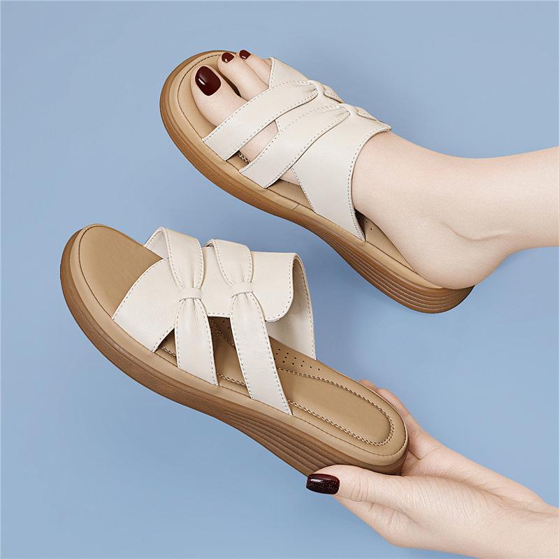 Women's Sheepskin Genuine Leather Mother Slippers Summer New Outer Wear Middle-aged Soft Bottom Casual Slope Heel Thick Bottom Fashion Sandals