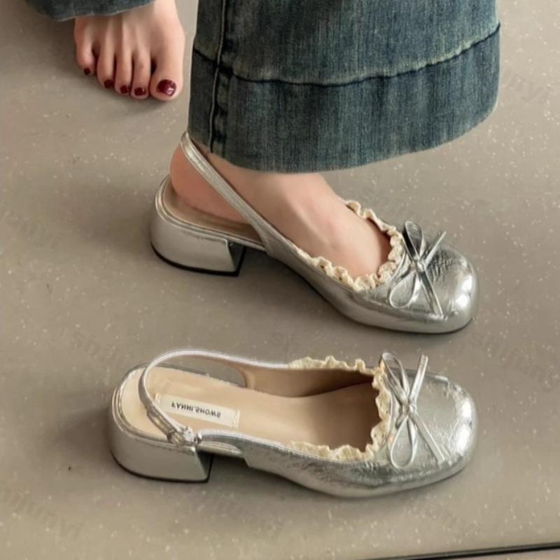 Summer Women Sandals  Lace Thick Heel Fashion Butterfly-knot Ladies Cover Toe Dress Singbacks Bow Mary Jane Ballet Sandalias