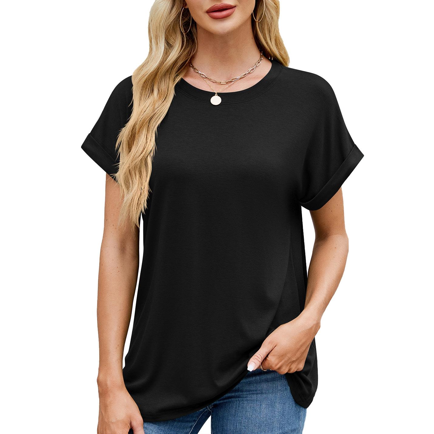 Women S Solid Color Crew Neck Loose Short Sleeve T Shirt S чёрный