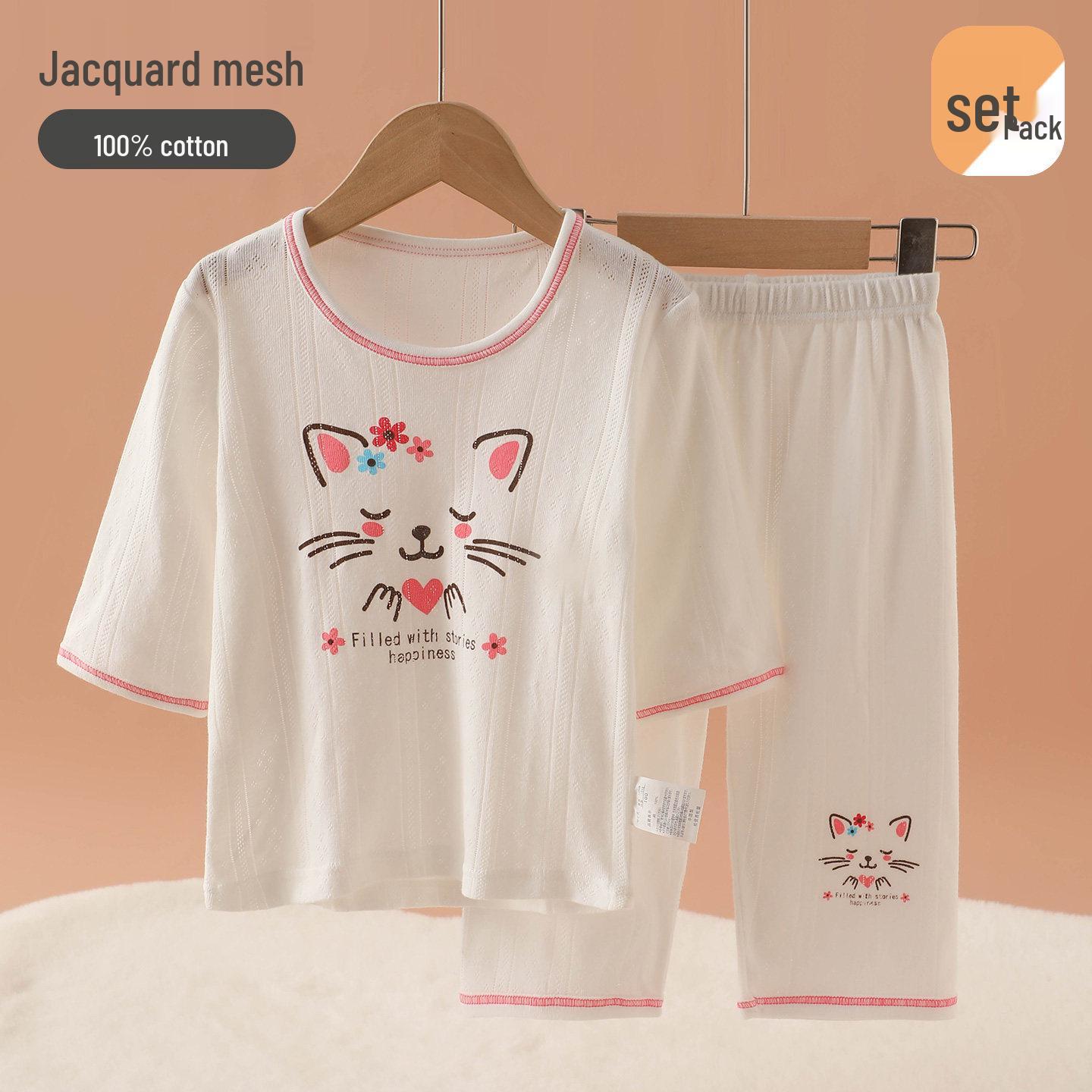 Girls  Pure Cotton Mesh Seven-Sleeve Pajama Set, Breathable Summer Sleepwear for Air Conditioning.