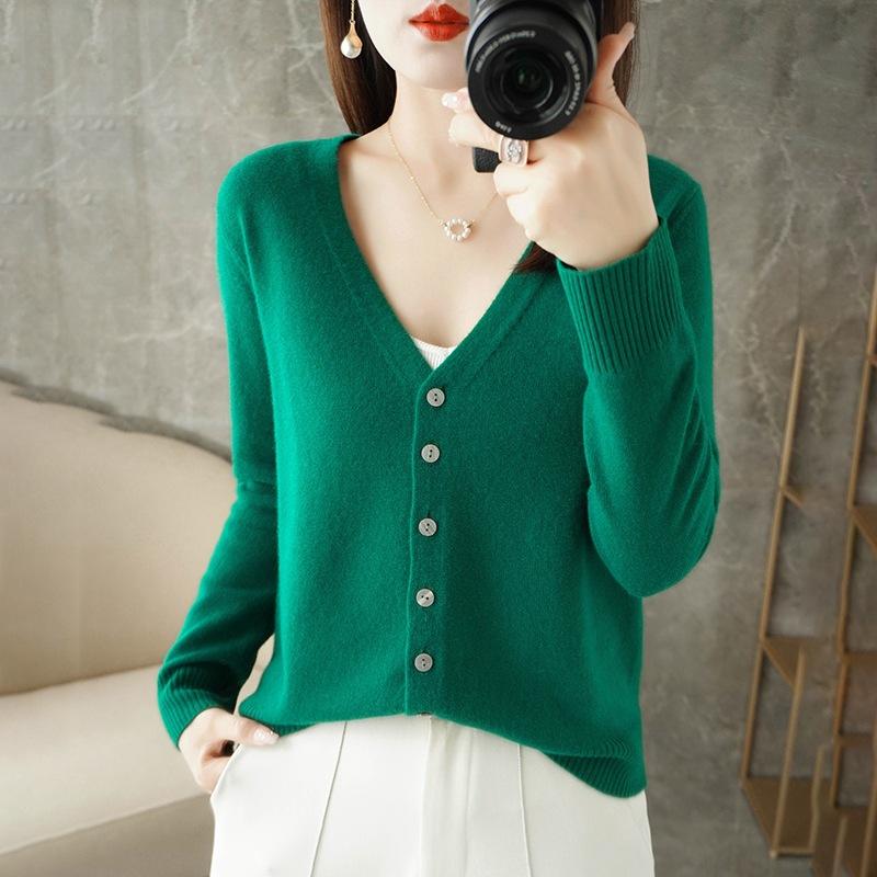 Autumn Winter Casual Fashion Solid Color V-neck Cardigan Coat Women All-match Bottomed Knitting Top