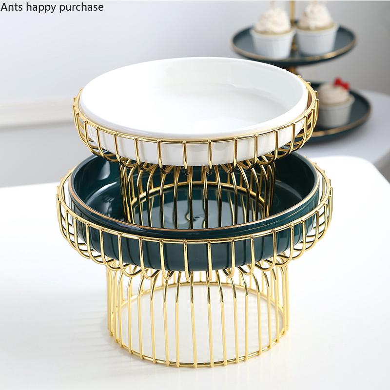 Northern European Iron Art Ceramic Fruit Bowl Green Living Room Household Coffee Table Candy Salad Plate Snack Basket Decoration