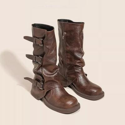 Leather Thick-soled Belt Buckle Western Boots Women's Mopping Boots Pleated Pile Boots Medium Length Pants Tube Boots Women