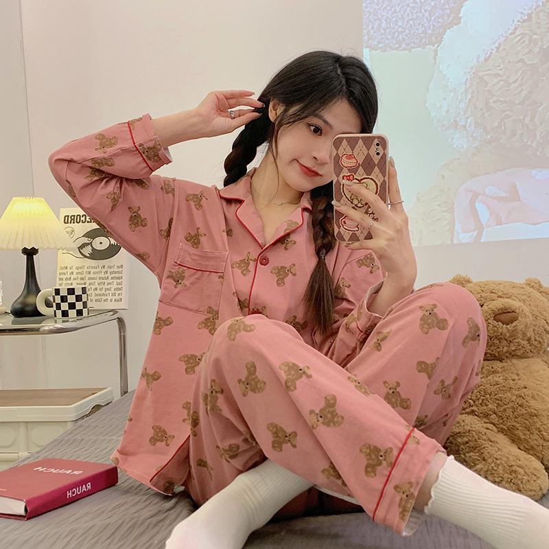 Women's Striped Long-Sleeve Cardigan Pajama Set - Korean Style