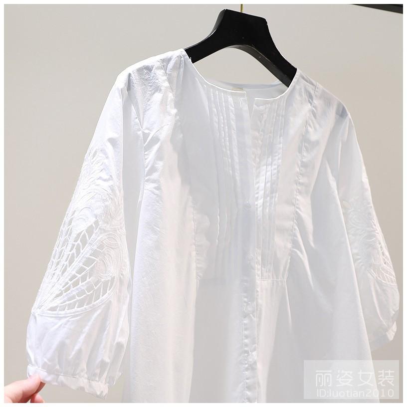 100% Cotton Embroidered Blouses Women Shirt Mid-sleeve Hollow Summer Top O-neck Loose Casual Button Up White Female Shirt