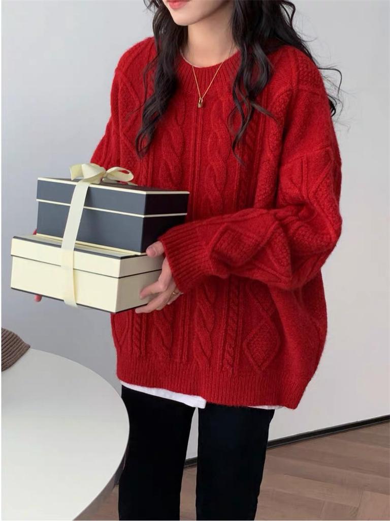 Gentle wind soft waxy twist pullover sweater women's autumn and winter new loose versatile crew neck knitted sweater lazy top women