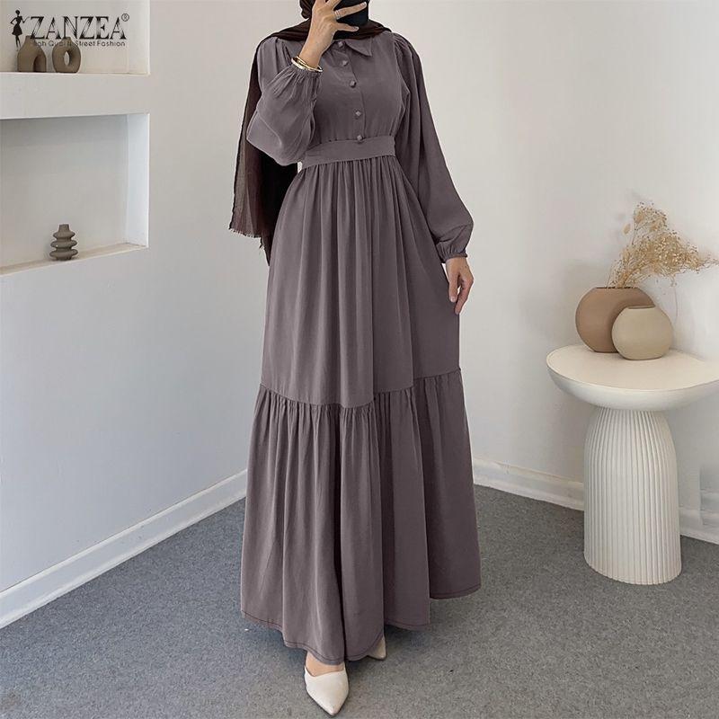 ZANZEA Dámské ležérní límec s dlouhým rukávem, volné dlouhé šaty