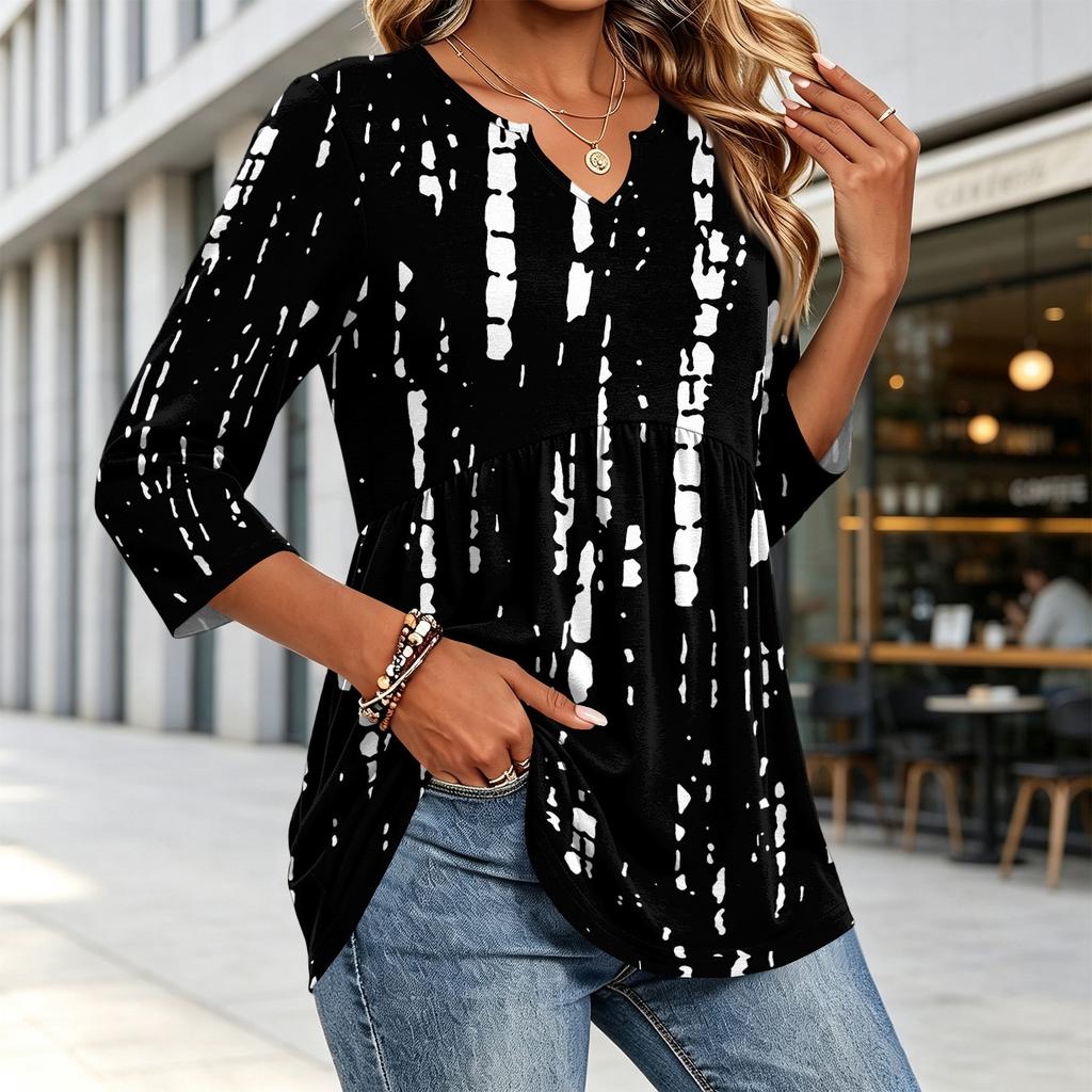 Women's Casual Plaid Print V-Neck Three-Quarter Sleeve Blouse for Everyday Wear