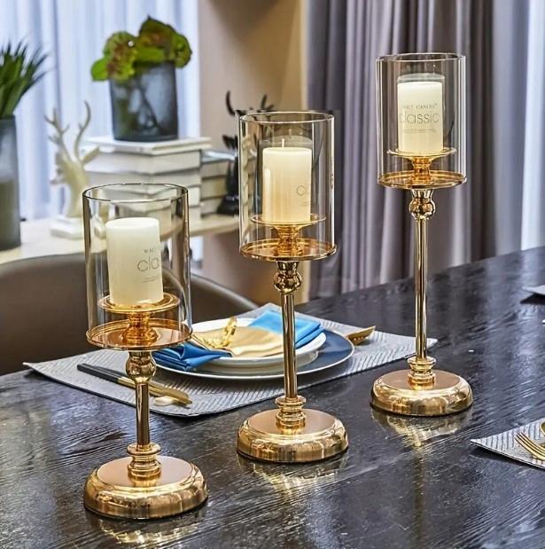 Elegantes Set aus 3 Stück goldener Glas-Kerzenhalter Kerzenhalter goldener
