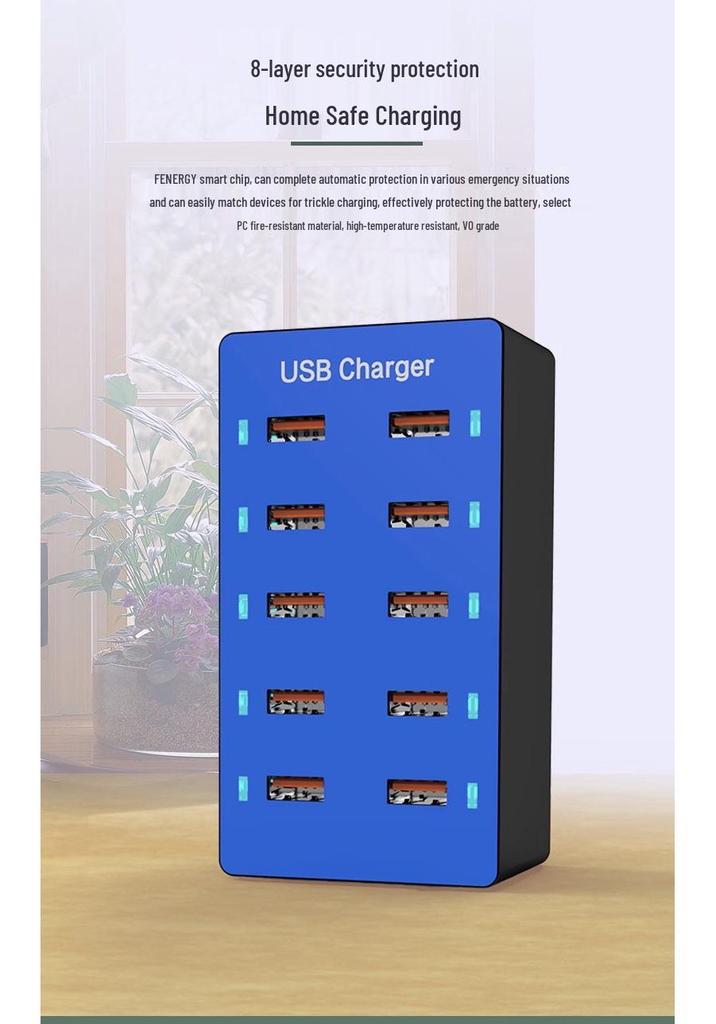 50W Multi-Port Power Strip: 10 USB Charger for Mobile Phones with US, EU, and UK Plugs