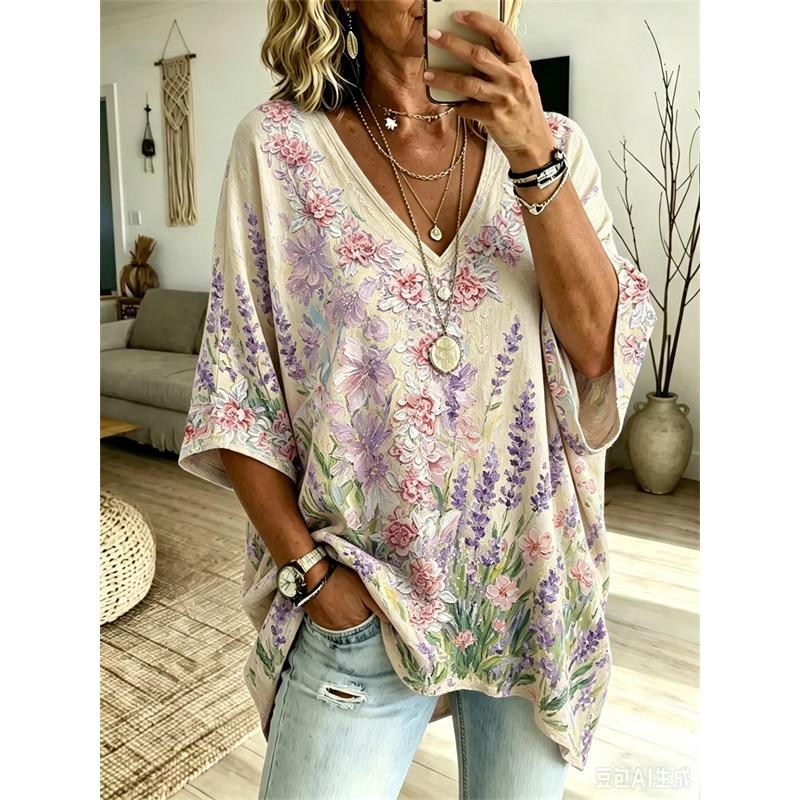 Plus-Size Dames V-hals Batwing Mouw T-shirt Boheemse Etnische Print Losse Top Zomer Comfortabel Ademend Dagelijkse Woon-werkverkeer Casual Afslankende Stijl