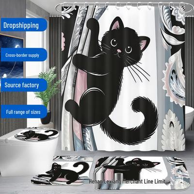 Elegant Black Cat Pattern Shower Curtain Set for Home Decor