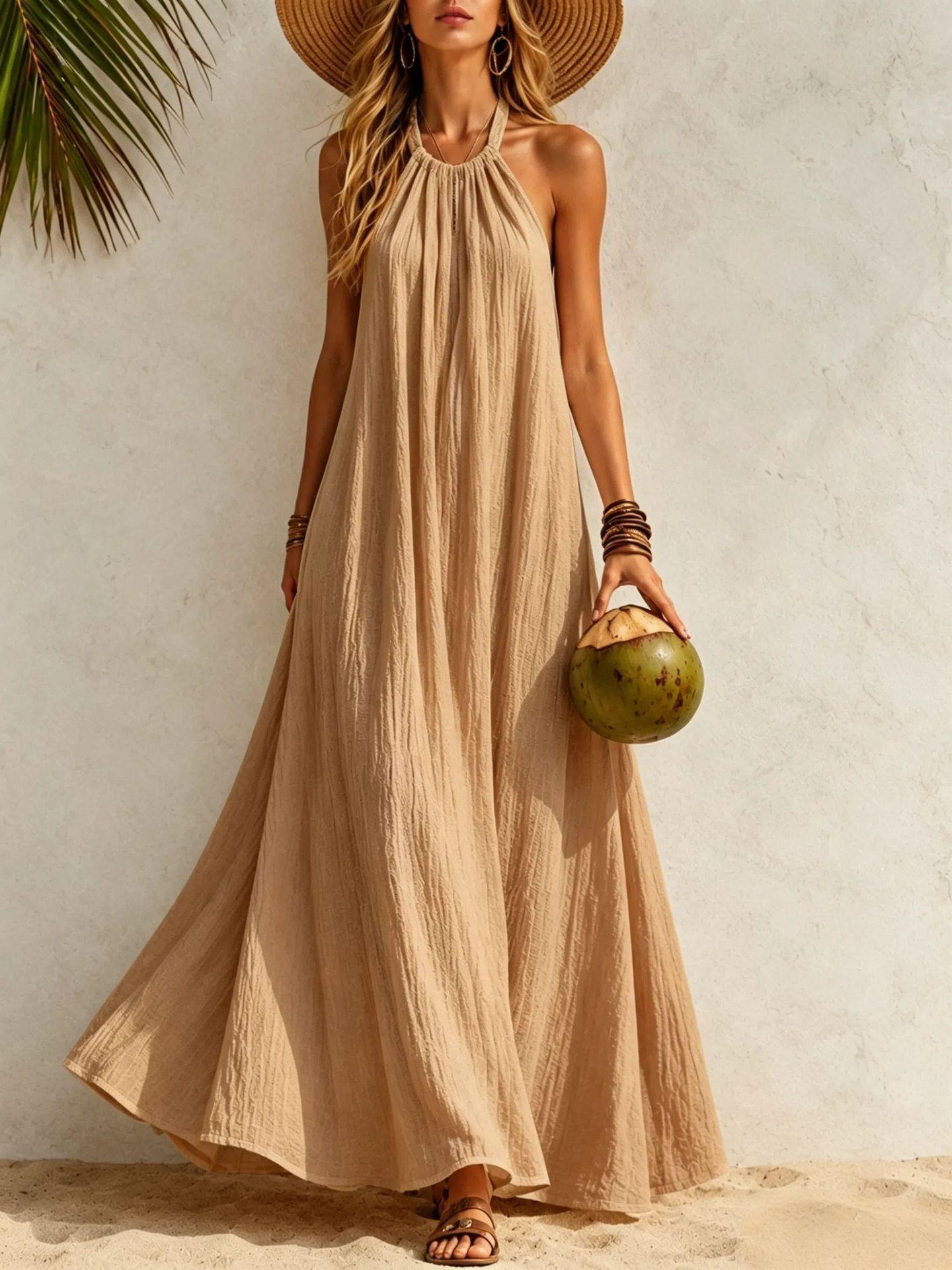 Cross-border European and American women s clothing neck dress women s summer loose pendulum long dress Bohemian seaside vacation beach dress S