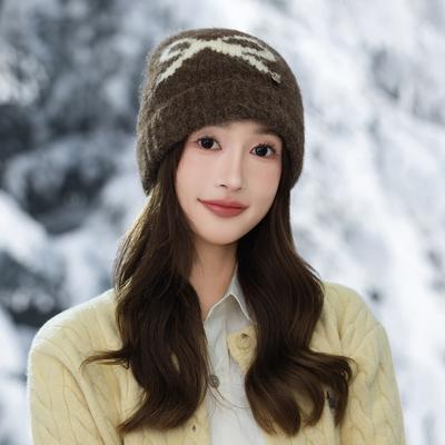Koreanischer Süßer Schleifen-Jacquard Kaltwetterhut Herbst und Winter Mode Vielseitiger Gestrickter Wollhut Outdoor Kalt Warm Hut Neu