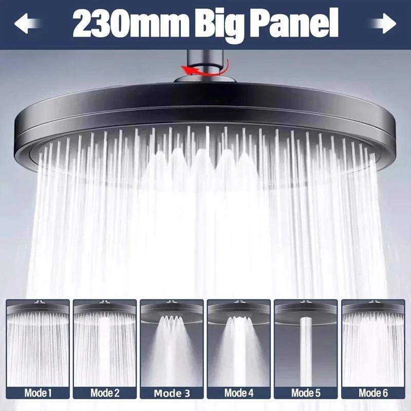 New 6 Modes Rainfall Shower Head Bathroom High Pressure Top Rain Showerheads 360° Rotation Top Spray Shower Faucet Accessories