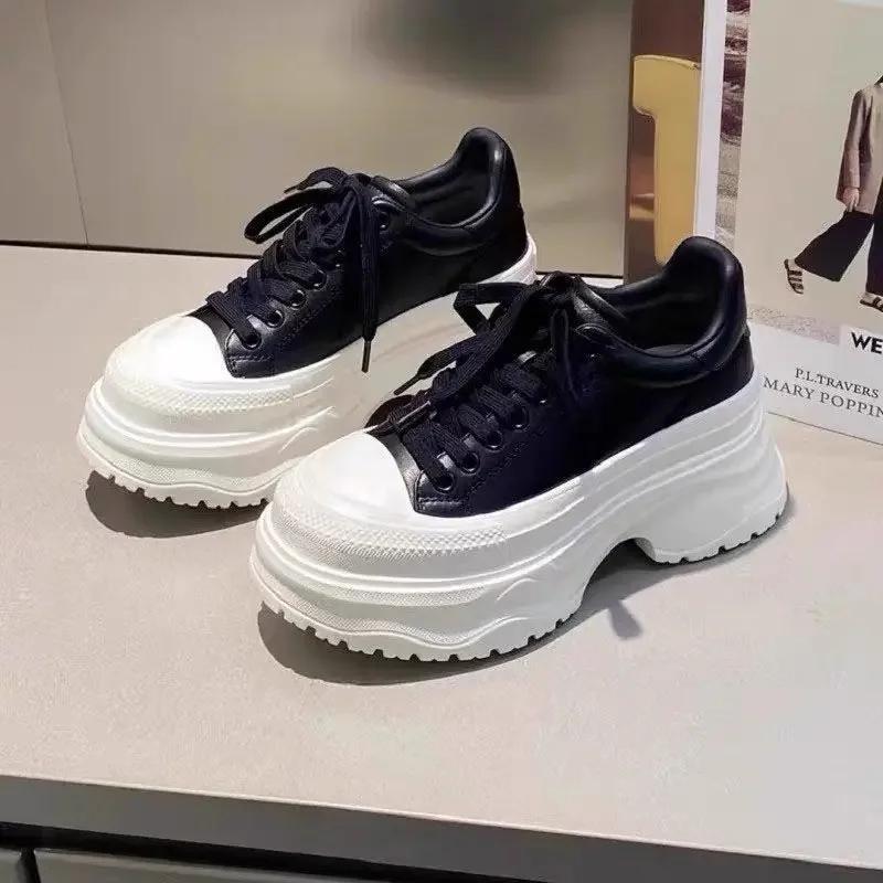 European Style Casual Women's Shoes 2025 New Autumn Collection 8cm Increased Height Thick Sole Old Fashioned White Shoes