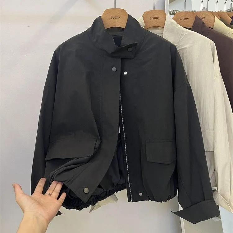 Women's Spring/Fall Loose-Fit Stand-Collar Slimming Casual Jacket: Solid-Color, Minimalist, and Stylish Workwear Jacket