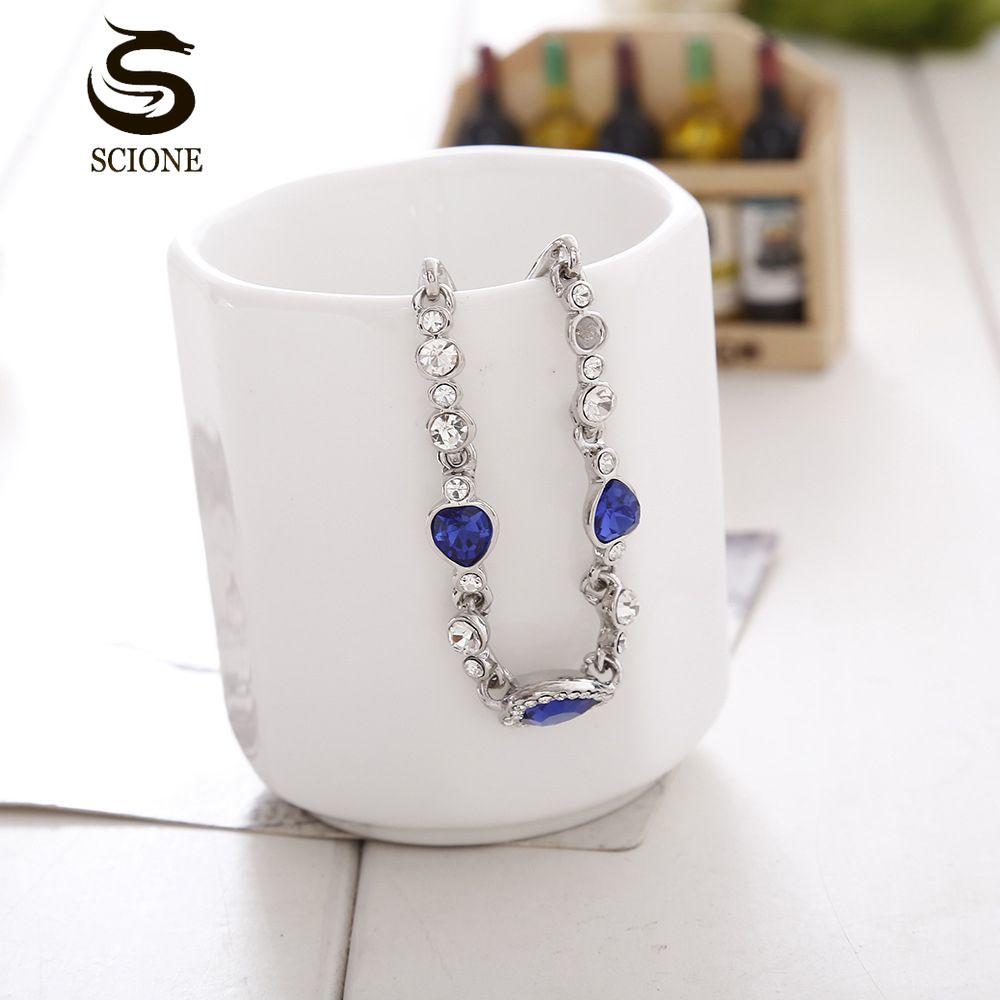SCIONE Women Jewelry Fashion Ocean Blue Bangle Bracelet Rhinestone Love Heart Austrian Crystal