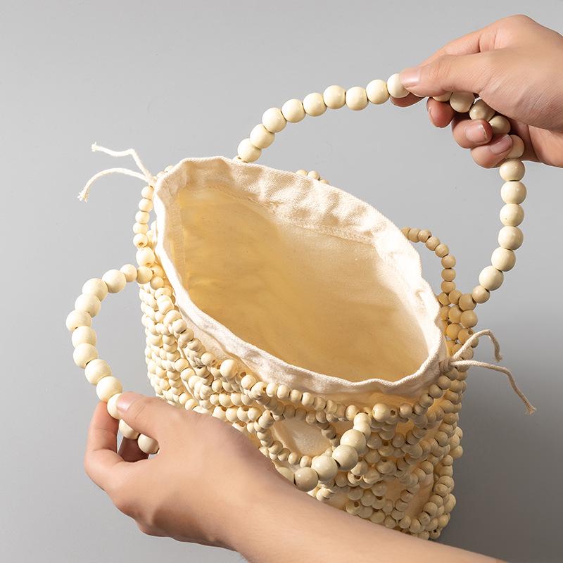 ENSPT Damen Sommer Cross-Border Holzperlen Handtasche, Nischendesign, Vielseitig für den Arbeitsweg, Handgewebt