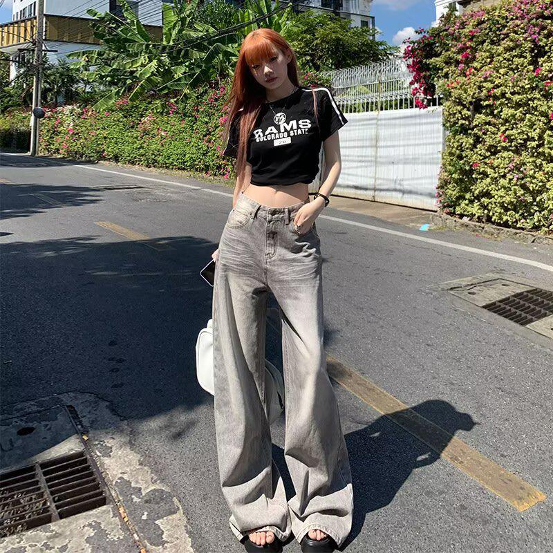 

Women s American Retro High-Waisted Gray Wide Leg Jeans - Slimming Straight-Leg Floor-Length Pants for Spring and Autumn L: Height 155-165CM (109-120 lbs)