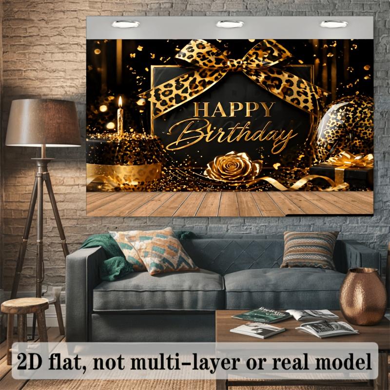 2D flat birthday party banner background black and gold leopard print happy birthday theme including leopard bow knots