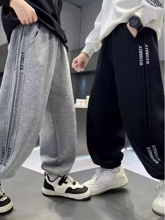 Baumwoll-Jogginghose für Jungen - Grau/Schwarz, Lässige Sportbekleidung für Frühling & Herbst, Größen für mittelgroße & große Kinder