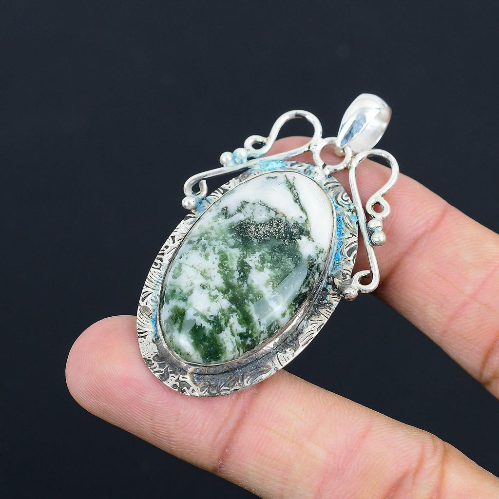 Birthday Gift For Her Natural Tree Agate Gemstone Pendant 925 Sterling Silver
