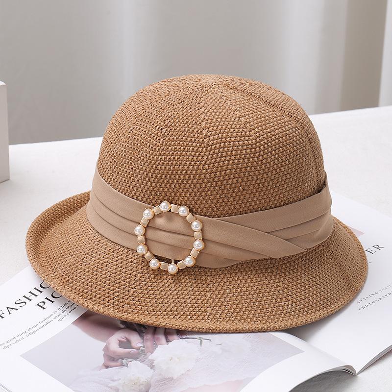 New Pearl Women's Sun Hat Breathable Refreshing Hat Summer Travel Sunscreen Sun Ribbon Decoration Foldable Straw Hat Gift