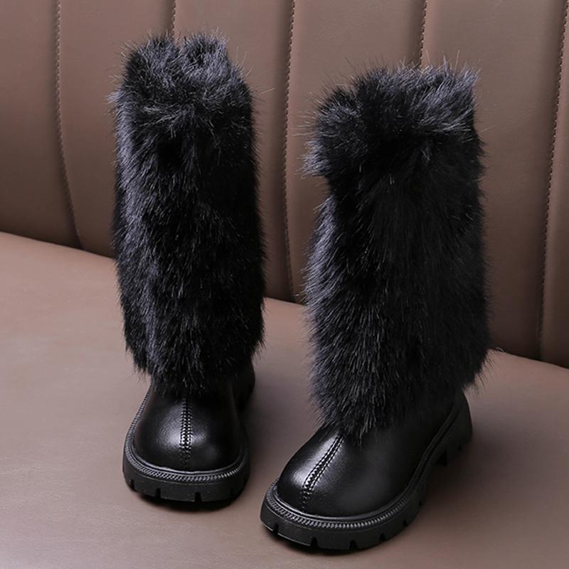 Warme lange Plüsch-Stiefel mit Reißverschluss hinten für Mädchen 2025 Winter Komfort Dicke Sohle Rutschfeste Stiefeletten Modische Unifarbene Kunstpelzstiefel Kind