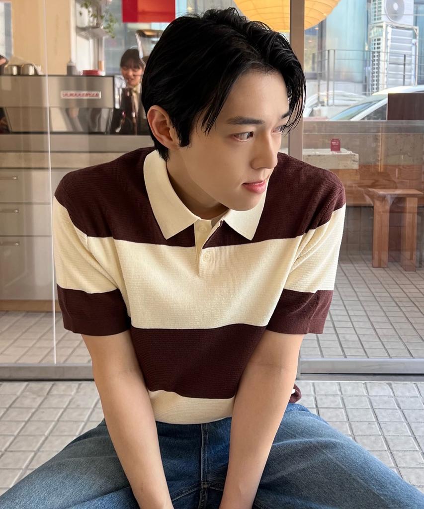 MINDBRIDGE [Couture] Washable Block Stripe Semi-Overfit Collared Short Sleeve Knit