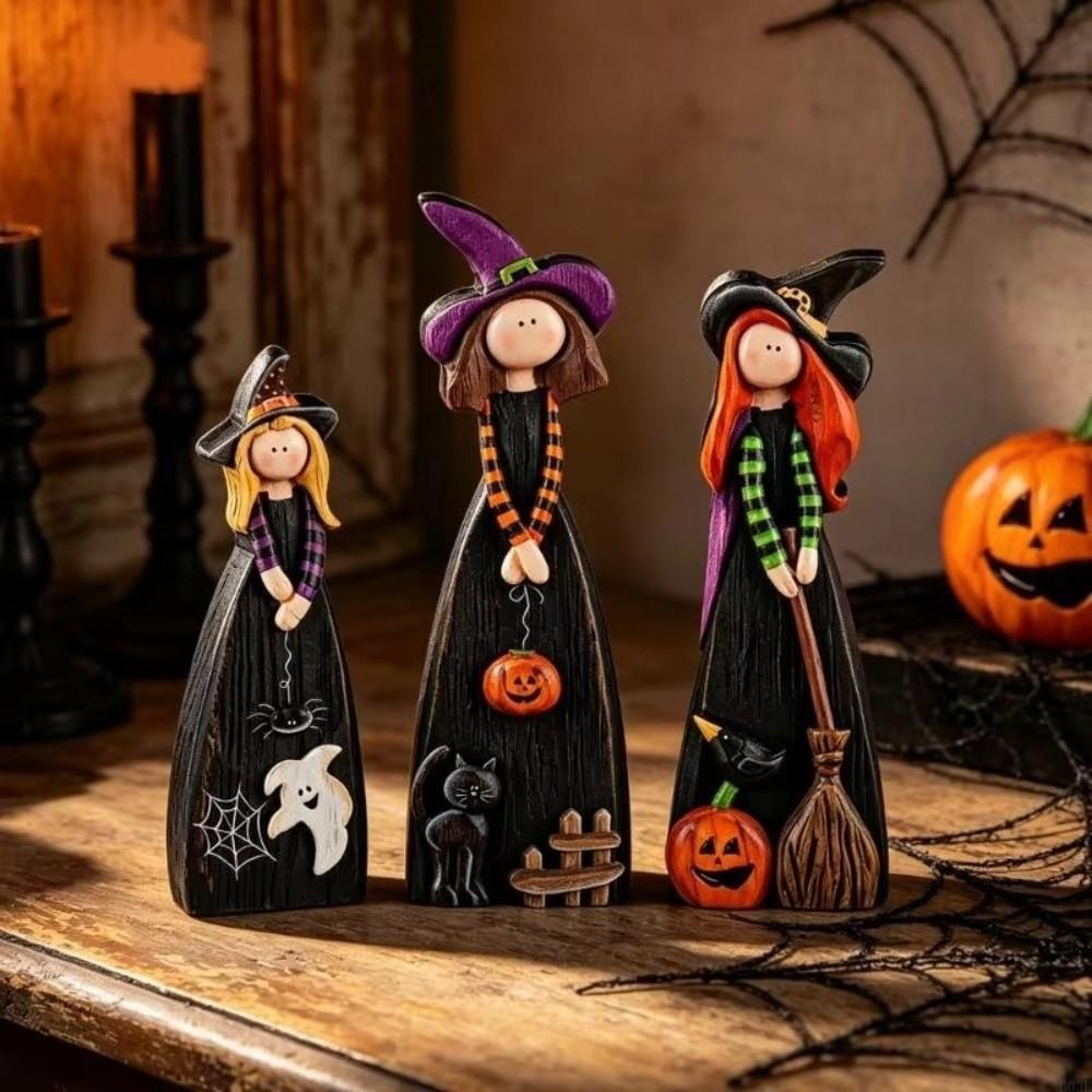 2D Design Halloween Witch Figurine Wooden Material Halloween Witch Ornament Holiday Decoration
